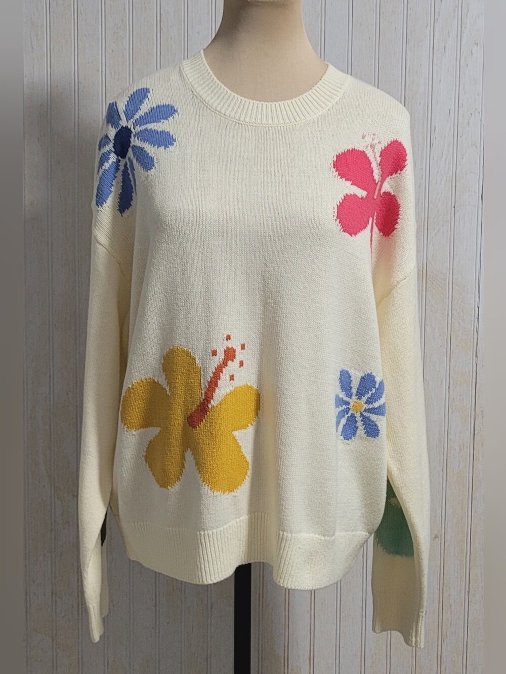 Rails Zoey Ivory Hibiscus Floral Intarsia Knit Crewneck Sweater L